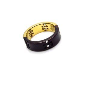 Tory Burch Two Tone Black and Gold Pierced Logo Ring
